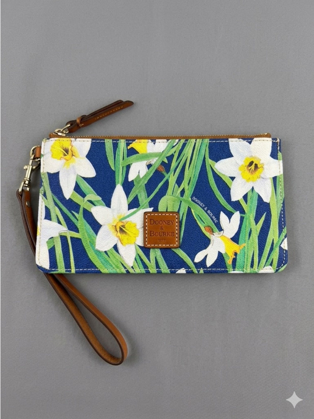 Dooney & Bourke Blue Floral Daffodil Wristlet Wallet with Brown Strap